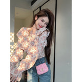 Super Good-Looking Lotus Leaf Side Chiffon High-Waist Long-Sleeved Broken Flower Shirt Women Spring And Summer Single Special Beautiful Short Top