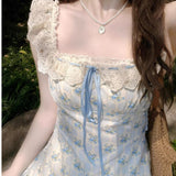 French Blue Floral Tie Sling Dress Dress Female Summer 2025 New Korean Wearing Sweet And Gentle Dress