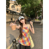Sweet Babes Color Lattice Sling Vest Women Summer Niche Design Sense Irregular Waist Chic Outside To Wear Clothes