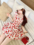 French Holiday Wind Red Small Flying Sleeves Shredded Flower Dress Women Summer Small Man To Collect Waist Thin Beach Short Skirt