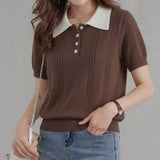 Short-Sleeved Knitting Polo Collar Pink Splicing Shoulder Summer Design Small Soft Knitting Slim Top