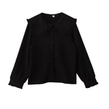College Style Sweet Doll Collar Splicing Wooden Ear Lace Waffle Long-Sleeved Shirt Top Female Loose Type