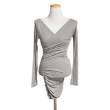 Sky Blue V-Neck Thread Cotton New Folded Waist Dress Long Sleeve Tight-Namped Thin-Bossed And Hip Skirt Short Skirt