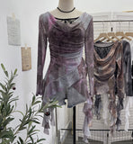 Real Shooting Swing ë·ë· ɴ Mesh Stitching Lace Long Sleeve Bottom Top Irregular Ribbon Design T-Shirt 1322