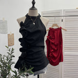 Spicy Design Sleeveless Leaves Three-Dimensional Flower Blouse Atmosphere Slimming Waist 1166