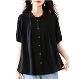 Black Round Collar Lotus Leaf Side Short-Sleeved Fat Man Shirt Women 2026 Thin Ocean Gas Age Loose Thin Leisure