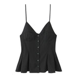 6013-2025 New Women's Dress V-Neck Buckle Solid-Colored Folded Slings Top Women's Style