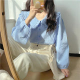Spring 2025 New Doll Collar Top Fresh Sweet Loose Version Of The Top Design Feel Solid Color Long-Sleeved Shirt Woman