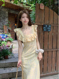 French Gentle Wind Sweet Age To Reduce The Field Wind Broken Flower Dress In The Long Temperament Square Lotus Leaf Side Skirt