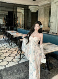Pure Lusty Sexy Royal Sister Print Waist-And-Ear Neck Sleeveless Dress Temperament Thin Dress With Shawl Summer