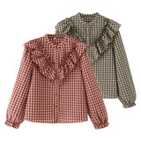 Spring New Cotton Long Sleeve Small Plaid Cascade Decoration Shirt 3666053