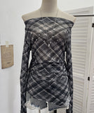 Vintage Lattice Mesh Long-Sleeved T-Shirt Irregularly Drifted Y2k Oblique Shoulder Short Top 8073