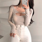 South Korea's New Thread Sexy Skinny Hanging Neck Sling Vest + Korean Long-Sleeved Shirt Two Sets