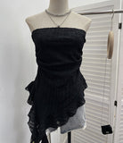 Holiday Lace Tranches Irregular Lotus Side Ribbon Wrapped Breast Wrinkle Vest Sleeveless Top 8076