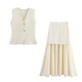 Summer New Gold Button Knitted Vest Small Folding Splicing Skirt Set