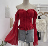 Real Shot Bow Strap Design Sense Shoulder Long Sleeve Chopped Sleeves Wreavage Horn Cuffed Chest Cushion Top 9639