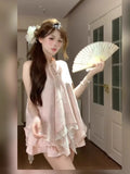 New Chinese-Style Suit Women's Summer National Wind Looks Pink Irregular Hanging Neck Top Cake Half Skirt A Complete Set