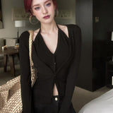 Sexy Babes Hanging Neck Slings Two Long-Sleeved T-Shirts For Autumn Temperament