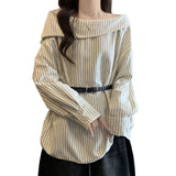 2026 New Chic Temperament One-Word Collared Fashion Stripe Early Autumn Long-Sleeved Shirt With Waistband