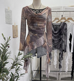 Real Shooting Swing ë·ë· ɴ Mesh Stitching Lace Long Sleeve Bottom Top Irregular Ribbon Design T-Shirt 1322