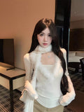 Pure Hair Splicing V Collar Long Sleeve Bottom Shirt Autumn And Winter Hottie Slime Top With Fur Scarf