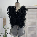 Real Shooting Design Heavy Industry Feather Flash Shiny Splicing Velvet Vest Vest Short Top 9089