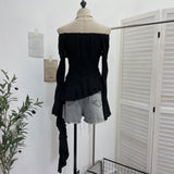 Design-Sensitive Hole Irregular Lotus Side Ribbon Shoulder Horn Long-Sleeved Top T-Shirt 9261