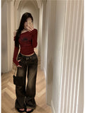 Long-Sleeved T-Shirt Girl Autumn And Winter Hot Girl Chic Sweet Spicy Slimming Thin Bottom Shirt Short Shoulder Small Shirt