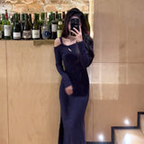 Temperament Pure Lust Wind Irregularly Collared Shoulders Pure Color With Long Sleeve Dress Autumn And Winter Thick Grinding Coat Ass Long Dress