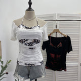 Real Shooting Two Hit Color Cut Rivet Tie With Chest Pad Short-Sleeved T-Shirt 28191