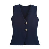 Summer New Gold Button Knitted Vest Small Folding Splicing Skirt Set