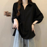 New Hong Kong Style White Shirt Women's Summer Large Size Mm Thin Shoulders Cover Belly Meat Design Loose Seven-Sleeve Top