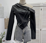 Real Shooting Short Slant Shoulder Small Leather Coat Women Pu Skin Cool Irregular Small Zipper Locomotive Top 2786