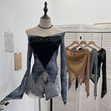 Real Shot One-Word Shoulder Rivet Splicing Dizzy Net Yarn Irregular Long-Sleeved Top Short Repair Hottie T-Shirt 1299