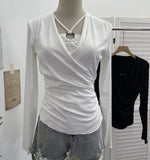 French Design Sense Hanging Neck Cross-Folded Long-Sleeved T-Shirt Inside The Fake Two-Piece Top Female 2767