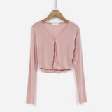 White V-Neck Thin Thin Cardigan Coat Female Button Sunscreen Slim Thin Short Top Female South Korea