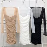 Spring And Autumn New Temperament Show Stature Square Collar Ass Skirt Micro-Permeable Braid Net Yarn Long-Sleeved High-Waisted Dress