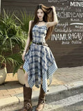Xinjiang Yunnan Holiday Tourism Wearing Skirt Irregular Lattice Dress Women's Summer Slings Long Skirt