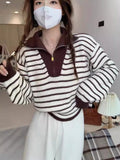 Autumn And Winter Languid Soft-Crelenting Short-Sleeved Knitted Shirt Half-Zip Striped Collar Sweater