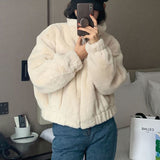 Korean Wind Chic Warm Soft Hairy Short Zipper Coat Women Autumn And Winter Thicken Warm Collar Plush Cotton Suit