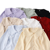 College Style Sweet Doll Collar Splicing Wooden Ear Lace Waffle Long-Sleeved Shirt Top Female Loose Type