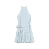 French Hanging Neck Sleeveless Blue Dress Women's Summer Design Feeling Bow Strap A Skirt Black Skirt