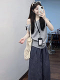 Lazy Commuting Leisure Sports Suit Women's Summer Slanted Shoulders Short-Sleeved T-Shirt Loose Lattice Broad Leg Pants Two-Set