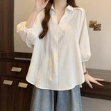 New Hong Kong Style White Shirt Women's Summer Large Size Mm Thin Shoulders Cover Belly Meat Design Loose Seven-Sleeve Top