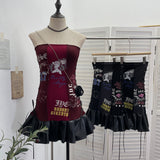 Printed Split Splicing Rope Tie With Pu Skin Bra Punk Babes Dress Dress Girl 6289