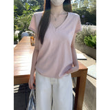 2026 Summer Korean Version Of Relaxed V-Neck Solid Color Foundation Straight Shoulder Short-Sleeved T-Shirt Top Woman