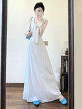 French White V-Neck Sleeveless Joint Dress Female Summer High-Grade Temperament Is Very Good Looking To The Waist Thin Thinch Waist Skirt