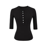 Basic Henry Single Buckle T-Shirt Girl In Early Autumn Casual Skinny Hottie Bottom Top