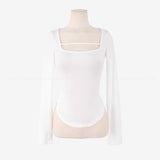 Spring And Summer New Temperament Slim Square Hollow Design Feeling Han Linen Long Sleeves And Bottom Shirt T-Shirt Woman