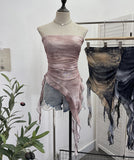 Tie Dyed Lotus Leaf Edge Mesh Shaft Irregular Ribbon Thin Belt Wrapped Bra Vest Top 9956